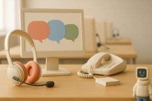 Casque de call center pose sur un bureau en bois clair devant un ecran affichant trois bulles de conversation vierges