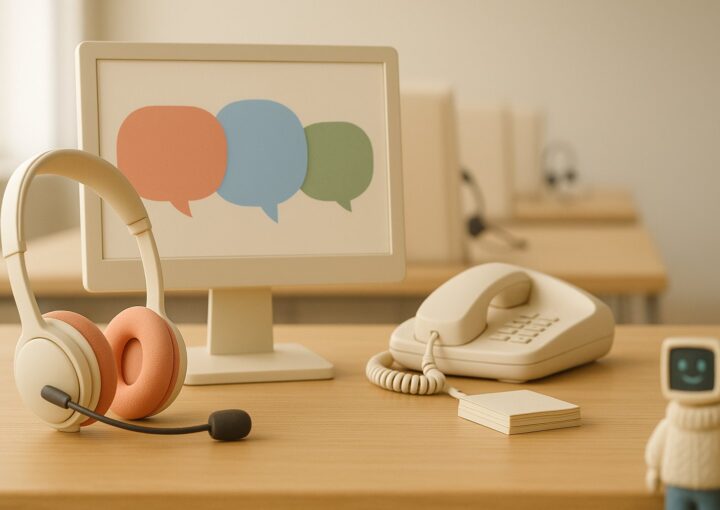 Casque de call center pose sur un bureau en bois clair devant un ecran affichant trois bulles de conversation vierges