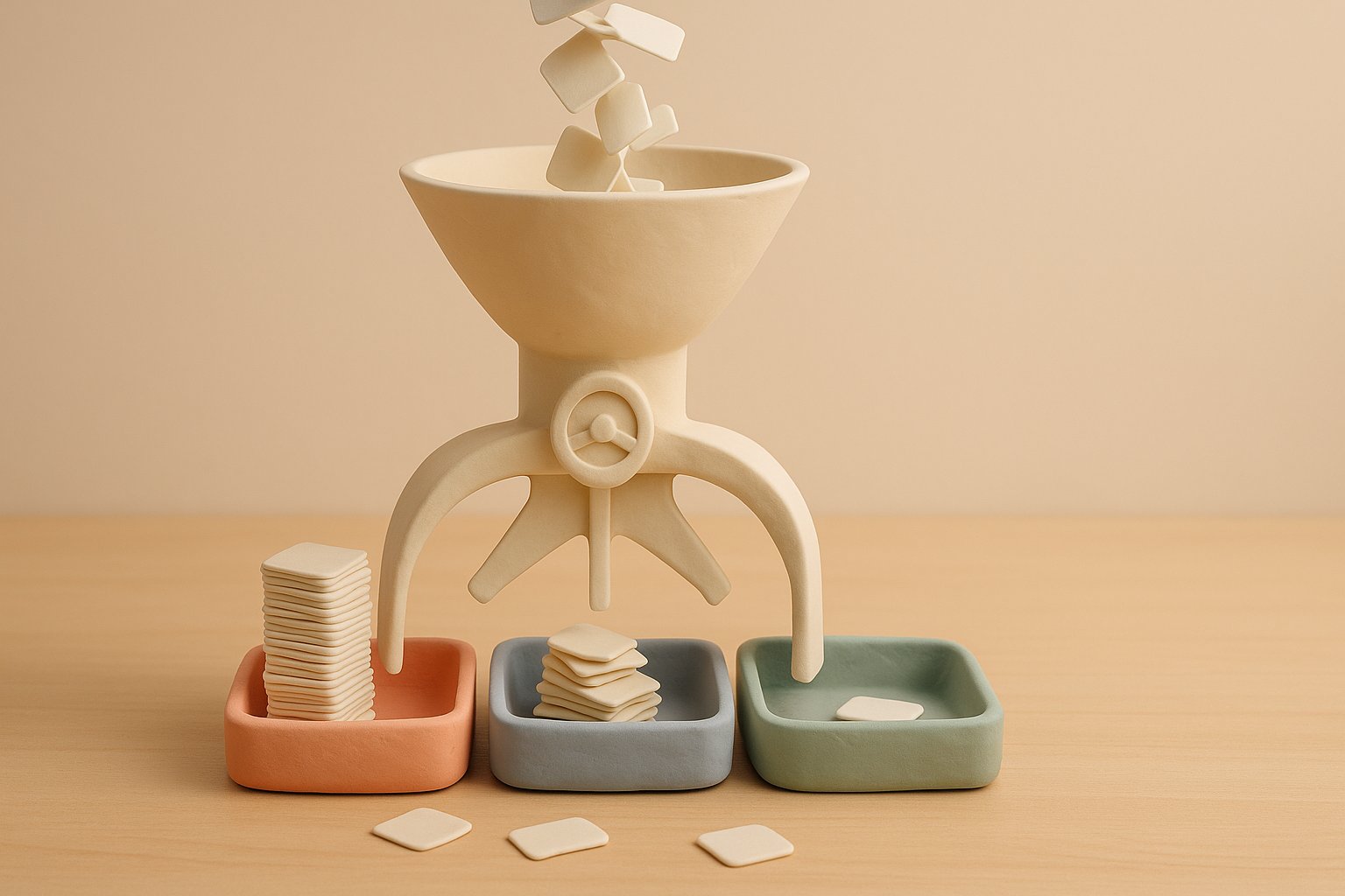 Clay funnel sorting blank cards into three trays in coral blue and green