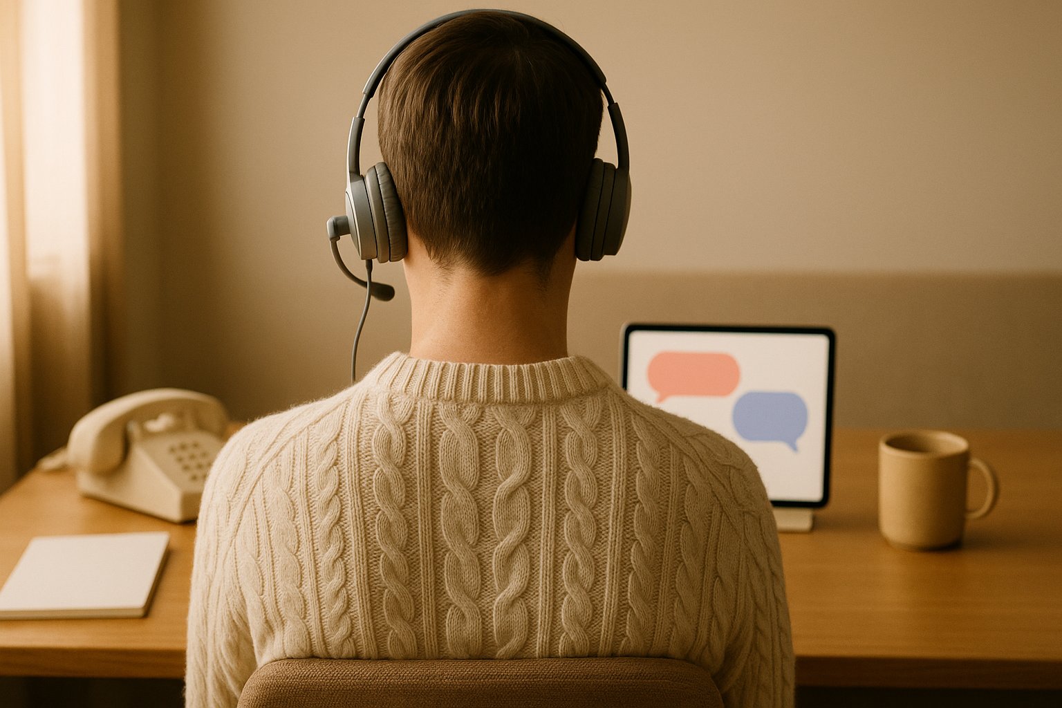 Agent seen from behind wearing a headset in front of a tablet showing blank chat bubbles