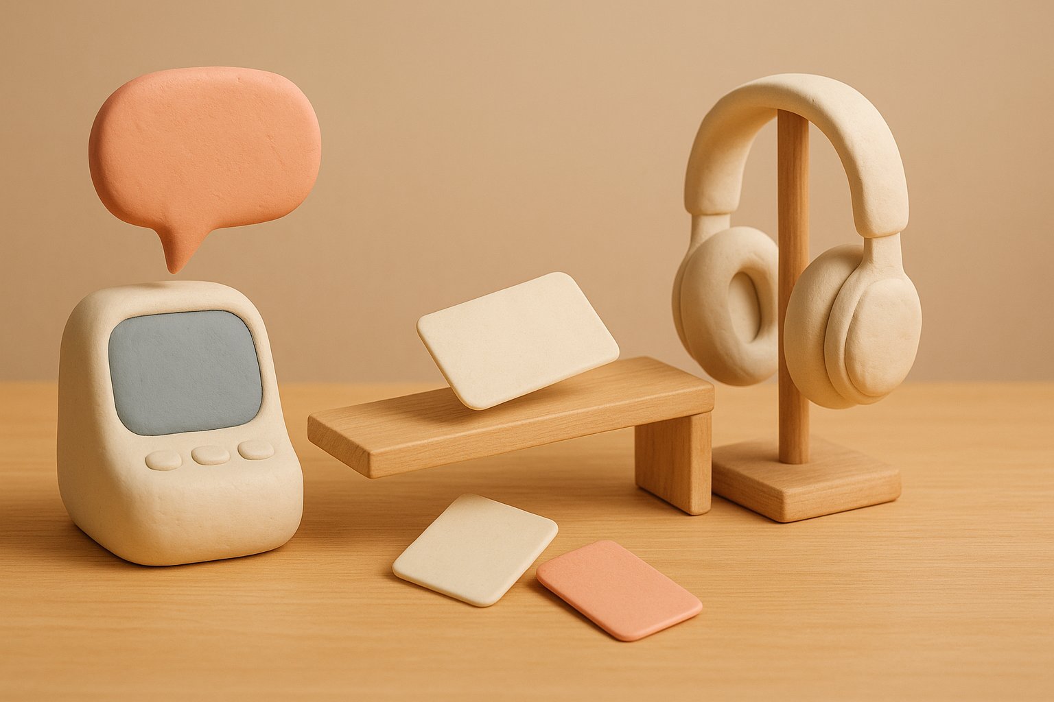 Wooden ramp between a terminal and an agent headset with two cards fallen through the gap