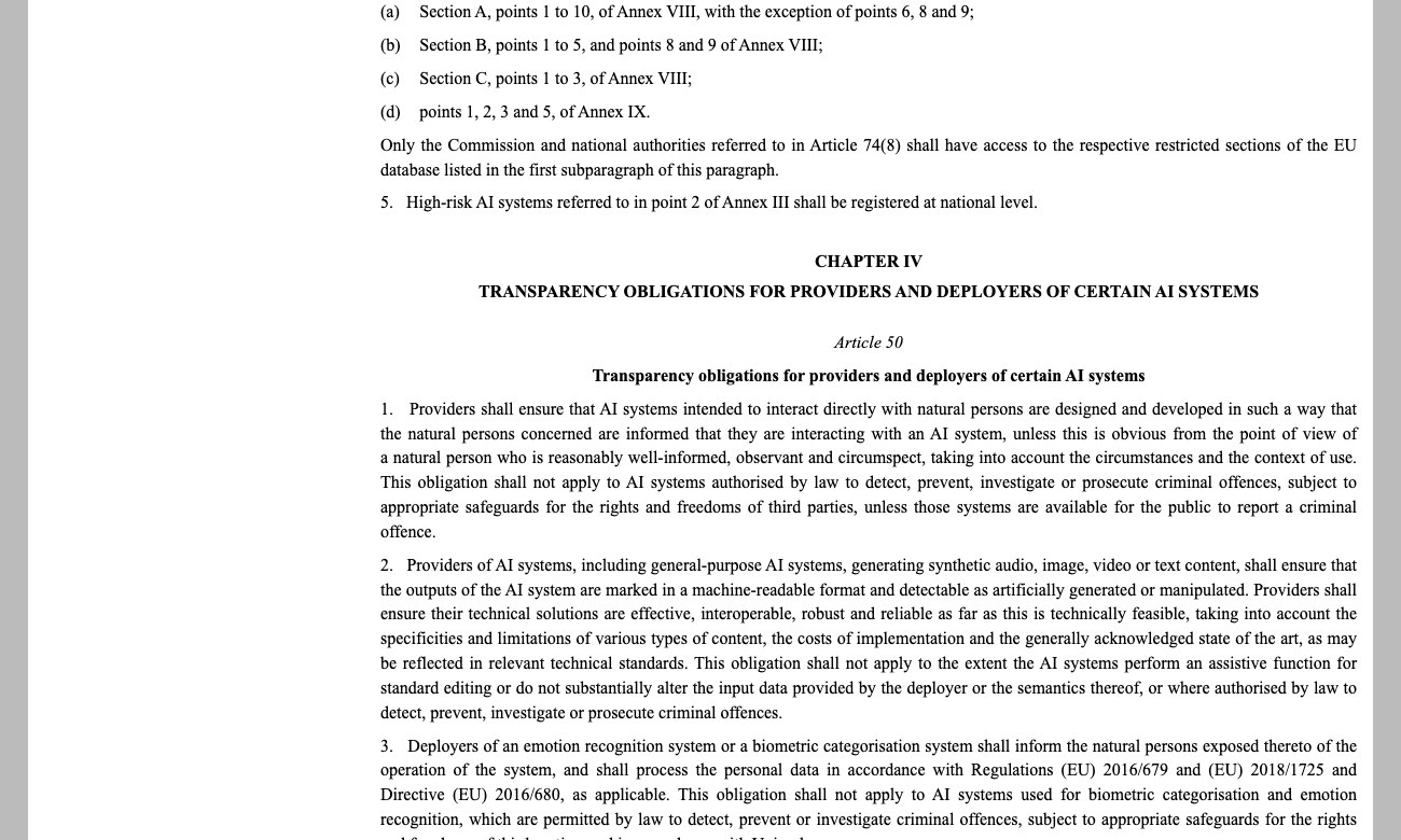 EUR-Lex screenshot of Article 50 of Regulation EU 2024-1689 on transparency obligations