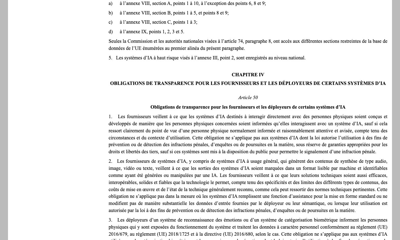 Capture EUR-Lex de l article 50 du reglement UE 2024-1689 sur les obligations de transparence