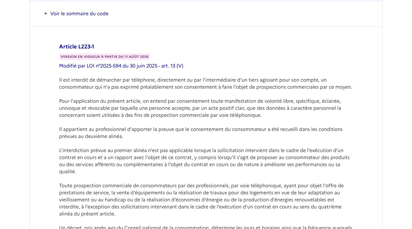 Legifrance screenshot of Article L223-1 of the French consumer code in force from 11 August 2026