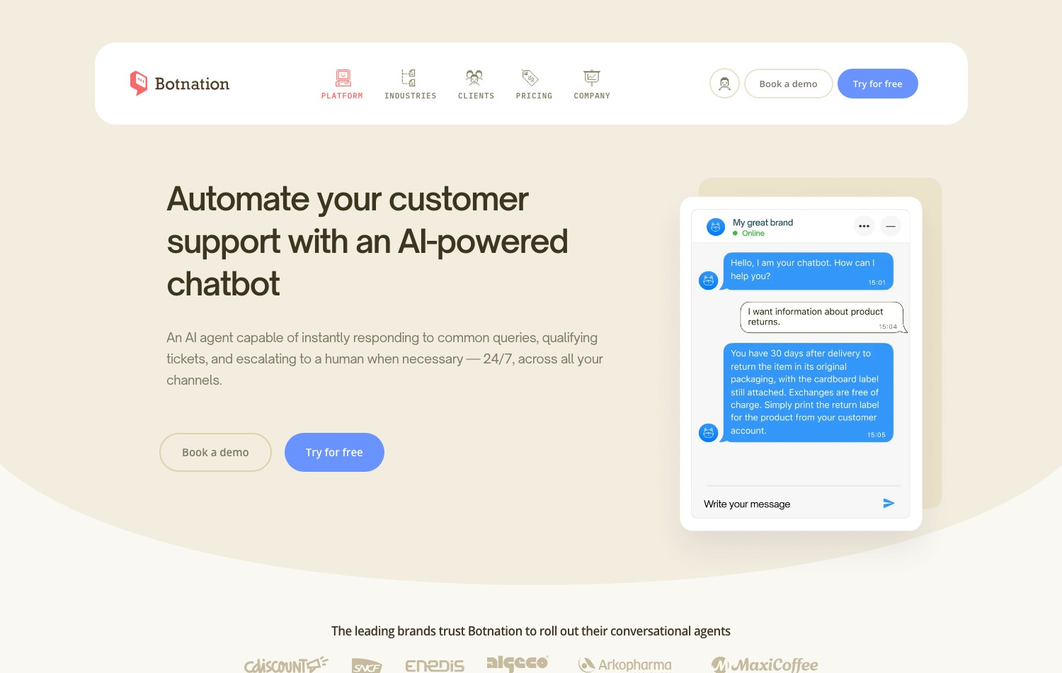 Screenshot of the Botnation client support page: automate your customer support with an AI-powered chatbot
