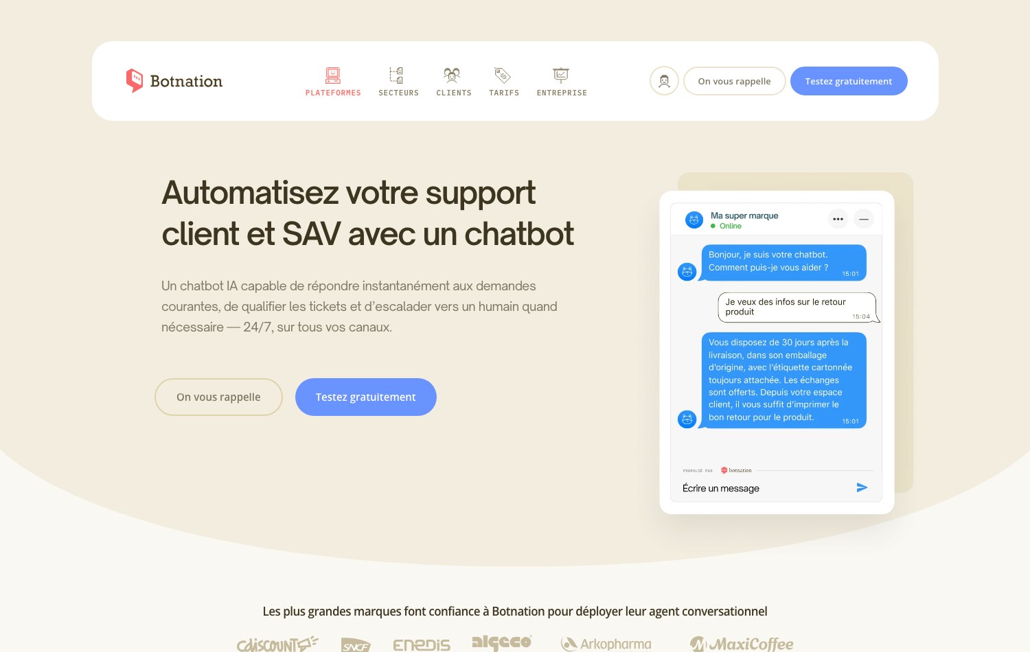 Capture de la page Support client de Botnation : automatisez votre support client et SAV avec un chatbot