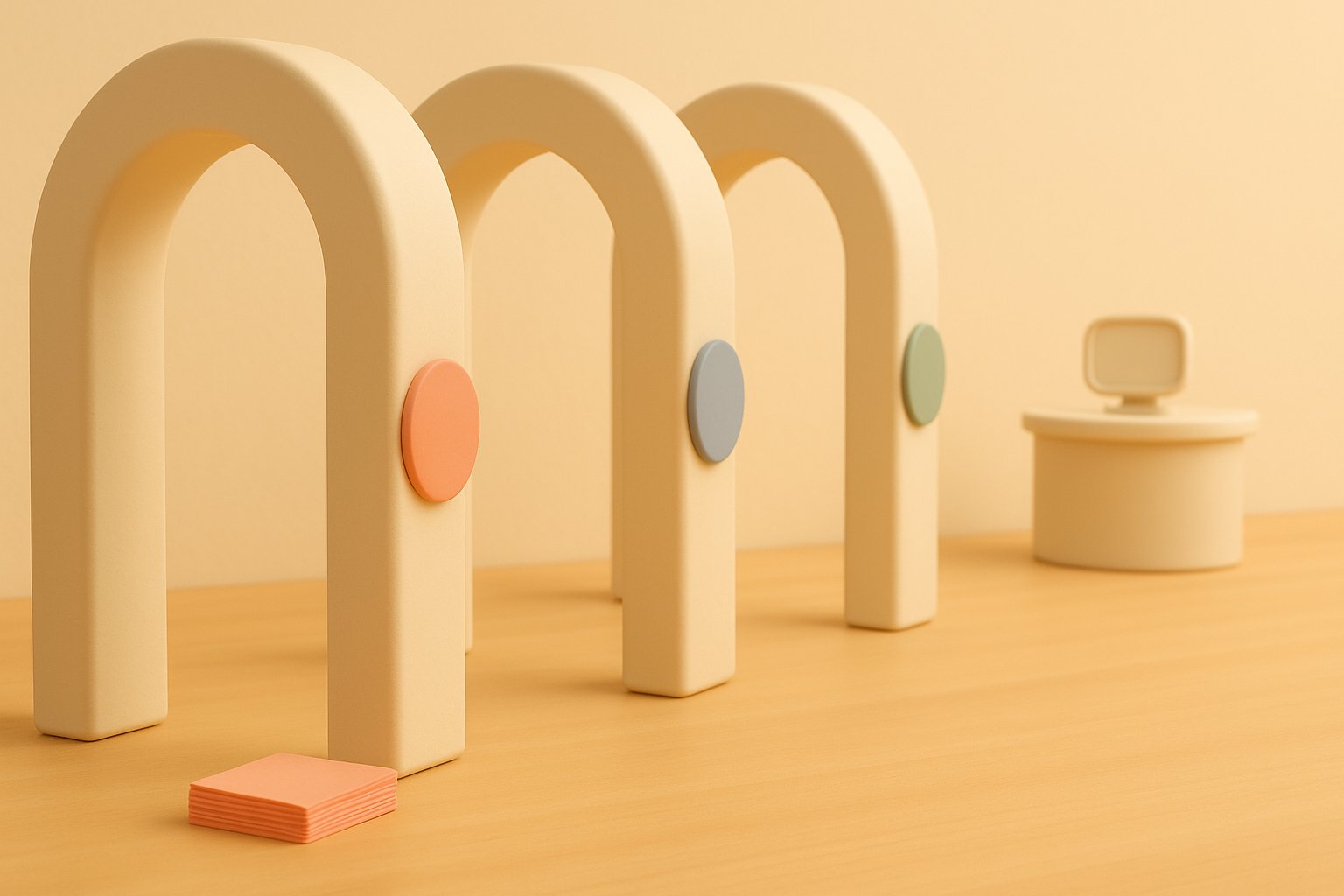 Trois portiques crème alignés menant à un petit poste conversationnel, illustration des trois jalons de conformité