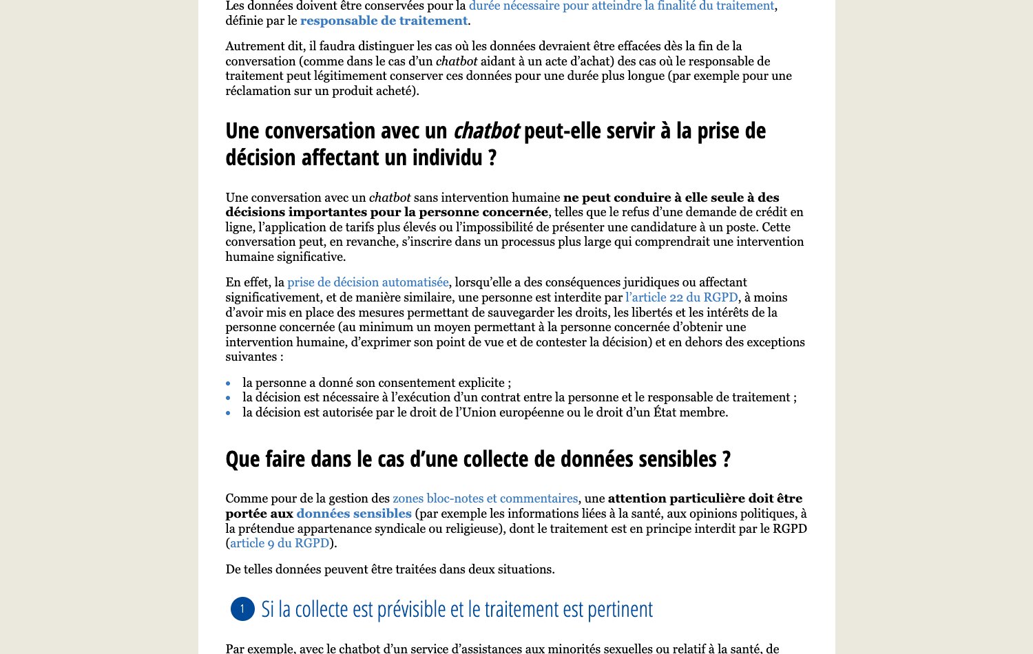 Capture de la fiche CNIL indiquant qu'une conversation avec un chatbot ne peut pas conduire seule à une décision importante