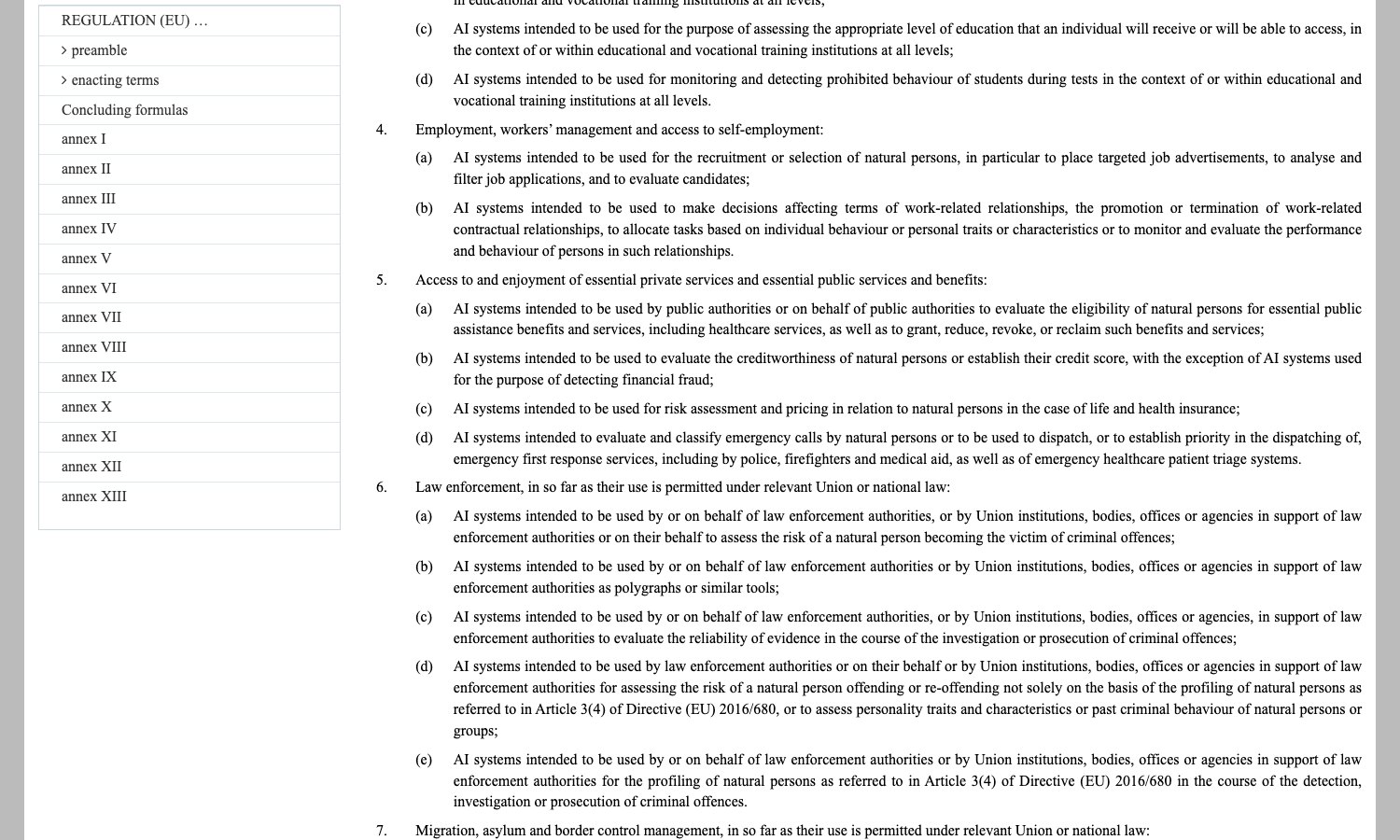 EUR-Lex screenshot of point 4 of Annex III of Regulation EU 2024/1689 on employment and workers management