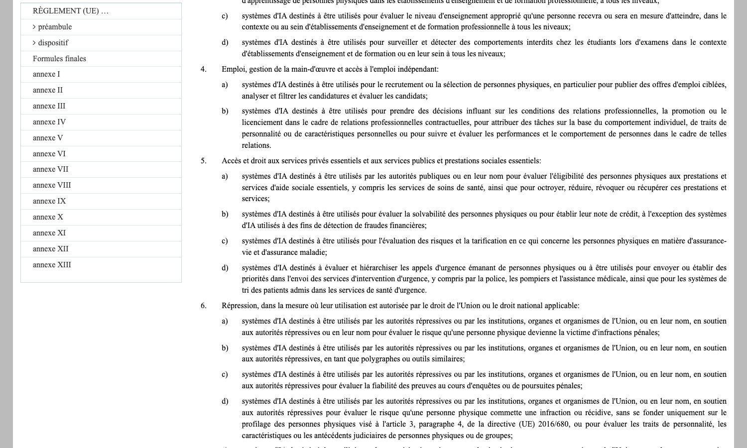 Capture EUR-Lex du point 4 de l'annexe III du règlement UE 2024/1689 consacré à l'emploi et à la gestion de la main-d'œuvre