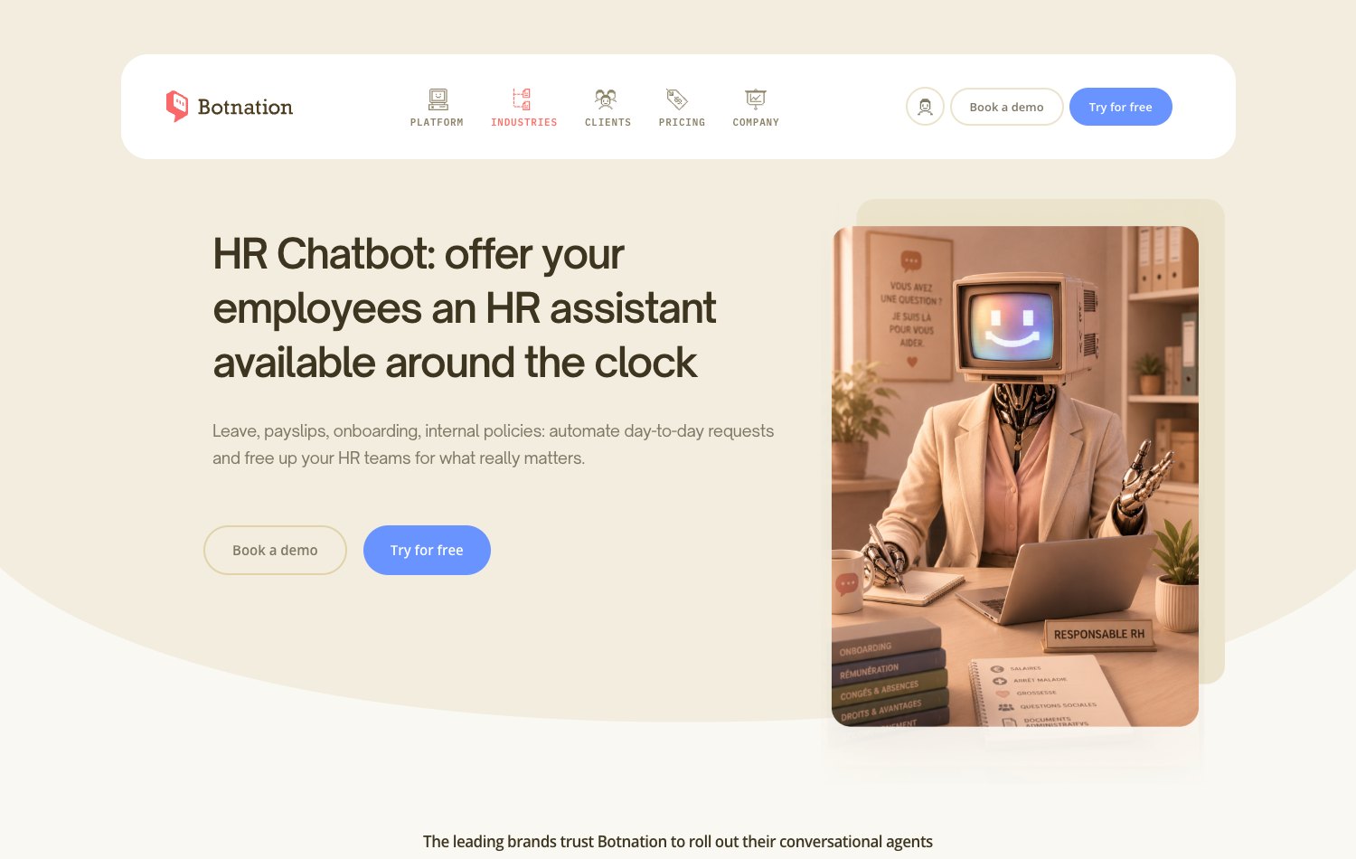 Screenshot of the Botnation HR chatbot page: an HR assistant available around the clock for employees