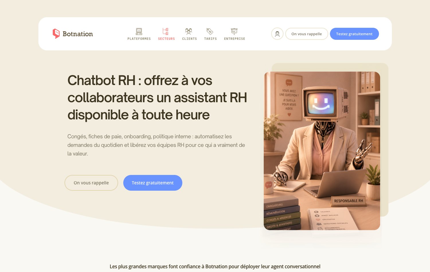 Capture de la page Chatbot RH de Botnation, assistant disponible à toute heure pour les collaborateurs