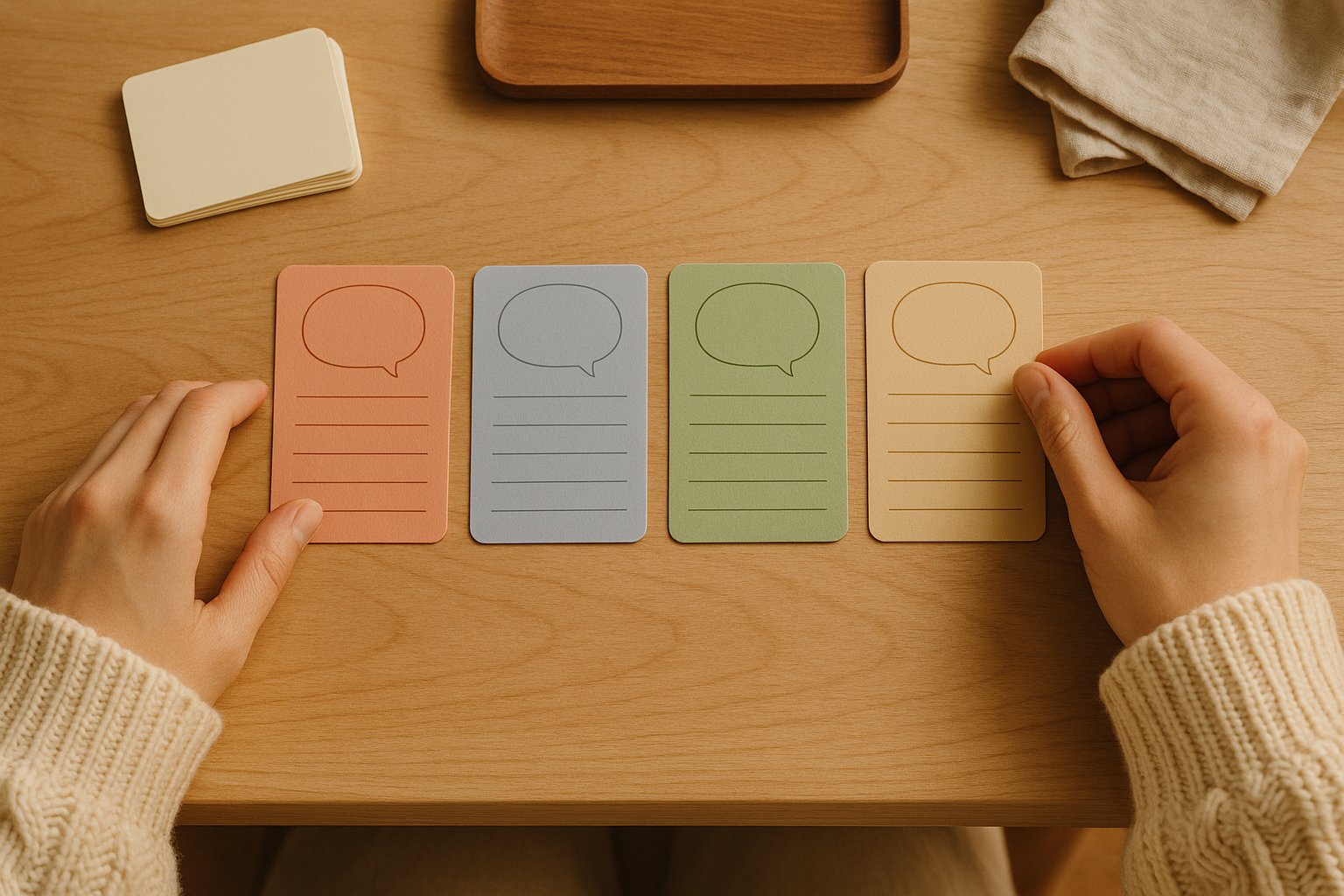 Deux mains en pull crème alignent quatre fiches identiques de couleurs différentes sur une table en bois clair