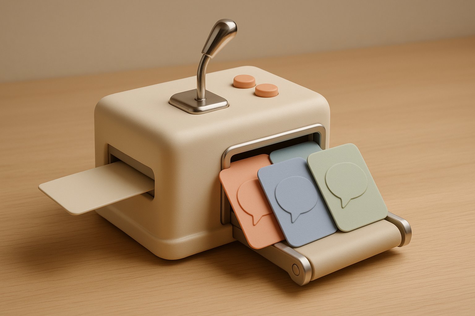 Petite machine crème et chrome qui reçoit une carte vierge et en ressort trois exemplaires de couleurs différentes