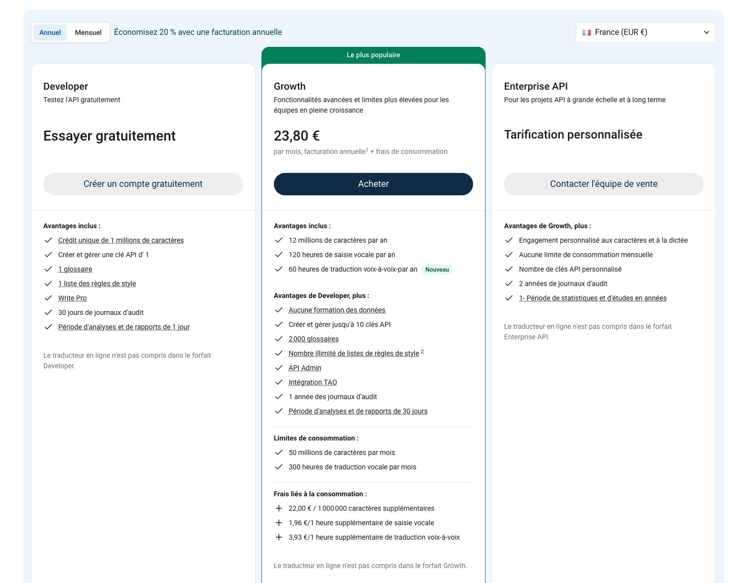 Grille des trois forfaits de l'API DeepL en euros, avec le tarif de 22,00 € par million de caractères supplémentaires