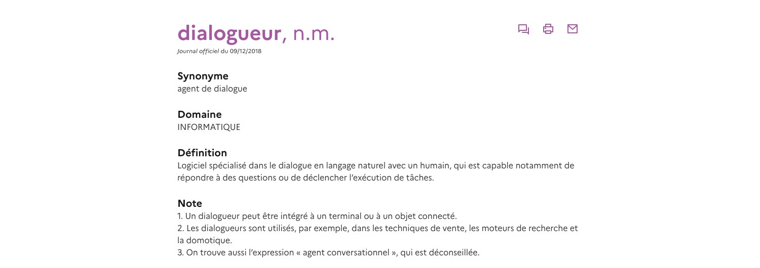 Fiche officielle du terme dialogueur sur FranceTerme, avec sa définition et sa publication au Journal officiel du 9 décembre 2018
