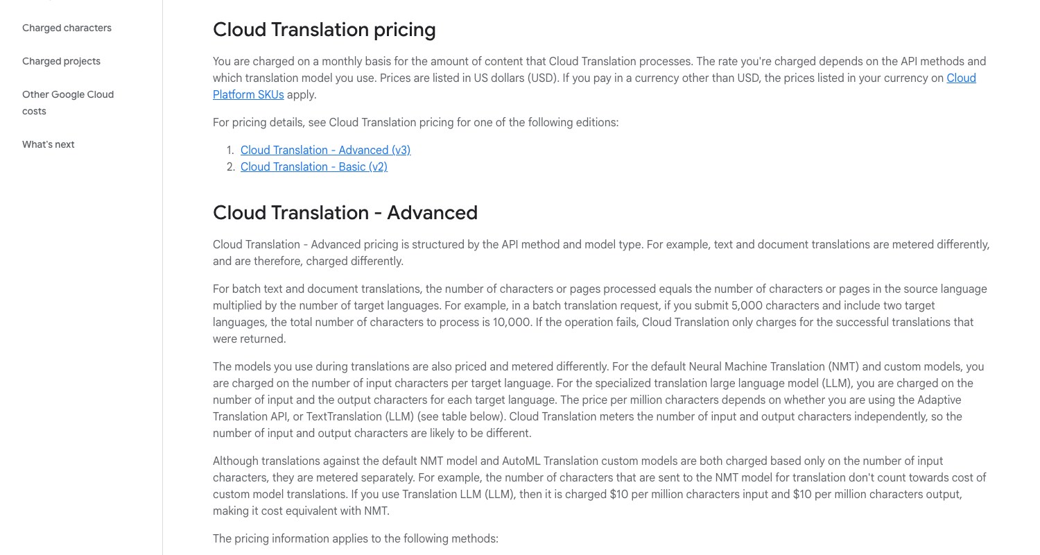 Page de tarification de Cloud Translation expliquant le mode de facturation au caractère et par langue cible