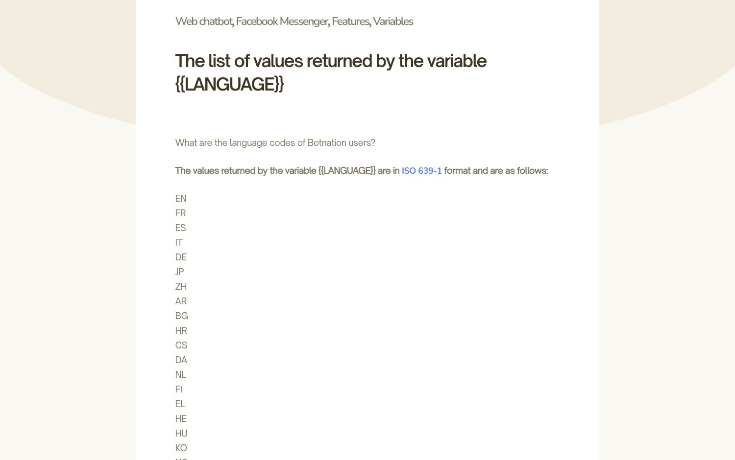 Botnation documentation listing the language codes returned by the LANGUAGE variable