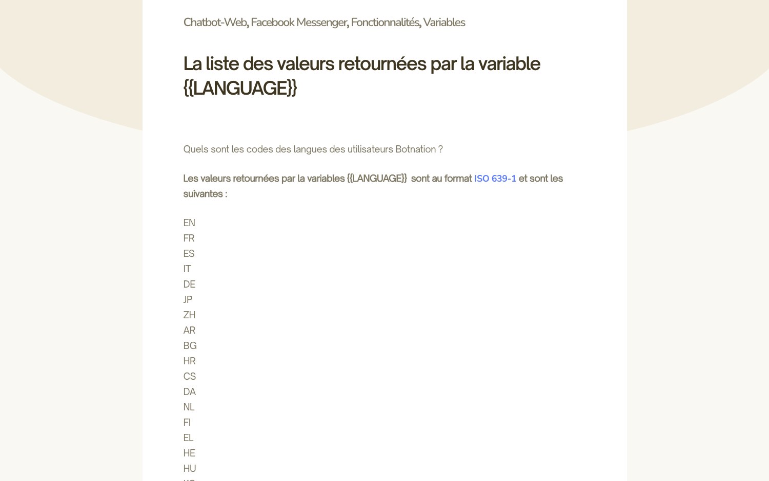 Liste des codes de langue renvoyés par la variable LANGUAGE dans la documentation de Botnation
