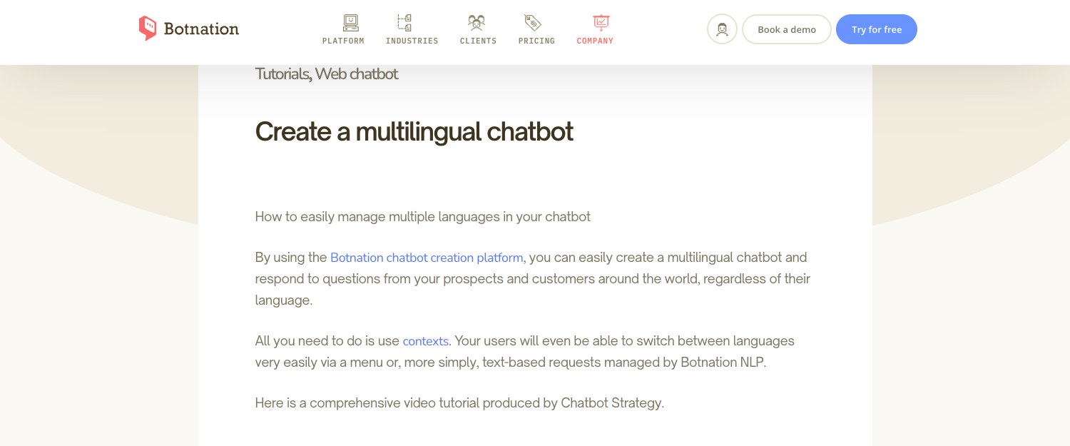 Botnation help page explaining how to create a multilingual chatbot with contexts