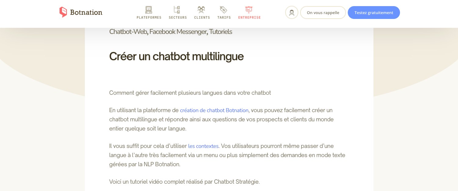 Page d'aide de Botnation expliquant comment créer un chatbot multilingue à l'aide des contextes