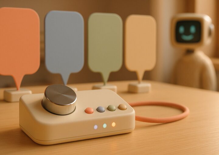 Console à molette chromée et quatre bulles de conversation vierges de couleurs différentes sur un bureau en bois clair