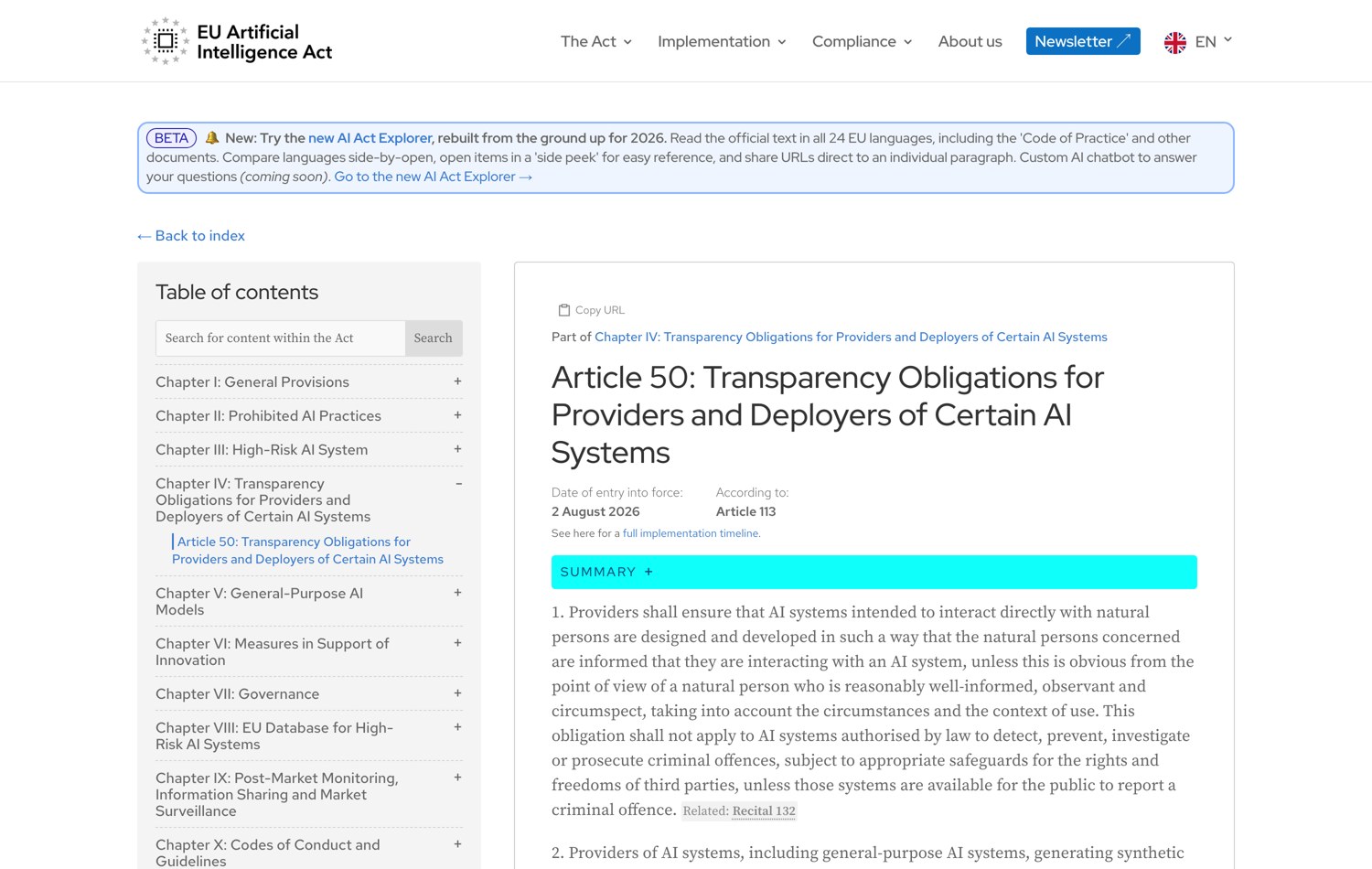 Text of Article 50 of the European AI regulation, in application since 2 August 2026