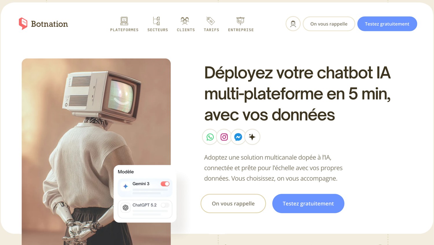 Page d'accueil de Botnation : déployez votre chatbot IA en 5 min, avec le choix du modèle