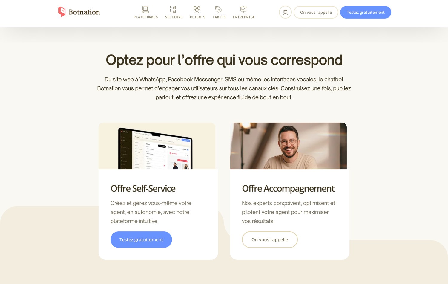 Les deux offres Botnation : construire soi-même en self-service ou être accompagné par les experts