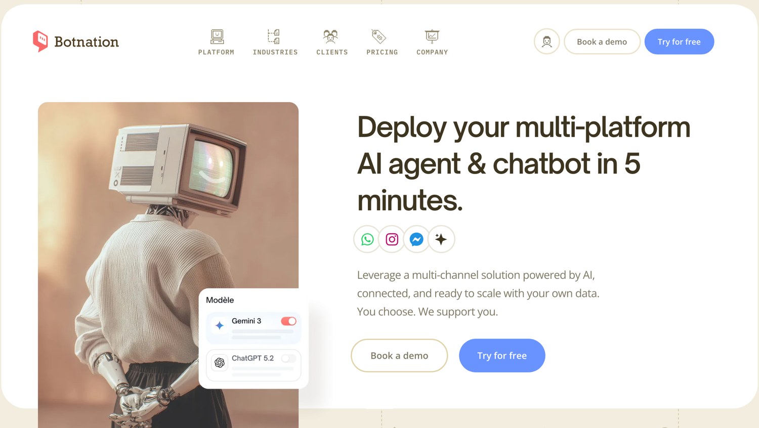 Botnation home page: deploy your multi-platform AI agent and chatbot in 5 minutes, with model selection