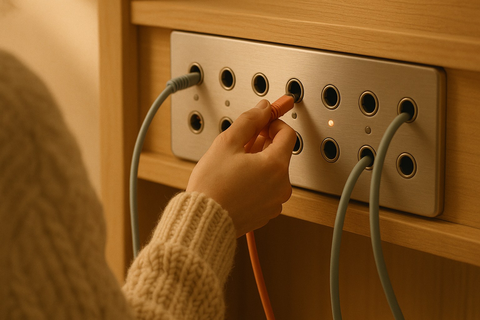Une main dans une manche en maille crème branche un câble corail dans un panneau de brassage, image des connecteurs d'un chatbot