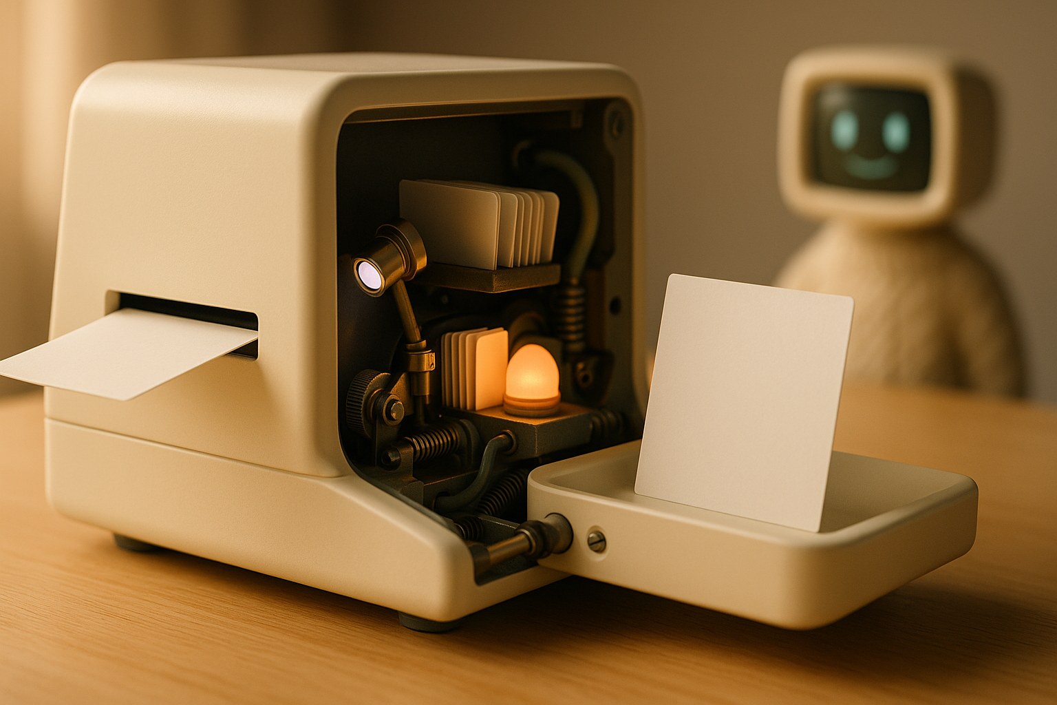 Machine crème ouverte en coupe : une note entre par une fente à gauche, traverse trois postes et ressort en carte de réponse à droite, mascotte robot floue au fond