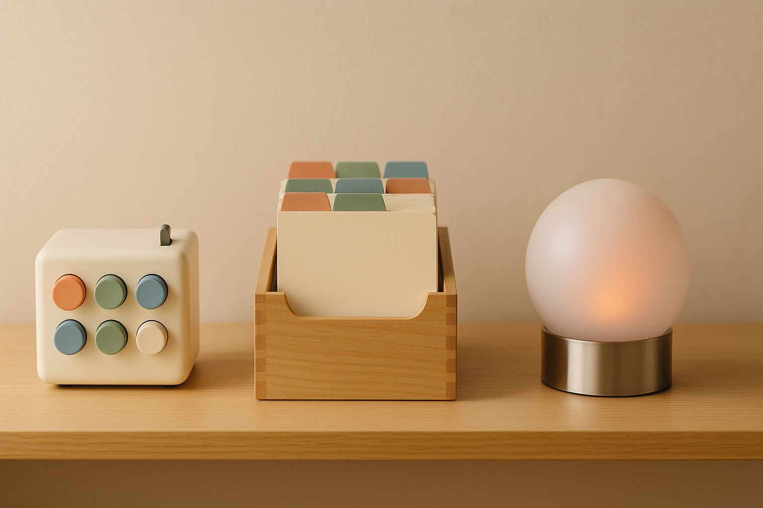 Trois objets alignés sur une étagère en bois clair : un boîtier à boutons, un fichier à fiches et une sphère lumineuse, image des trois moteurs de chatbot