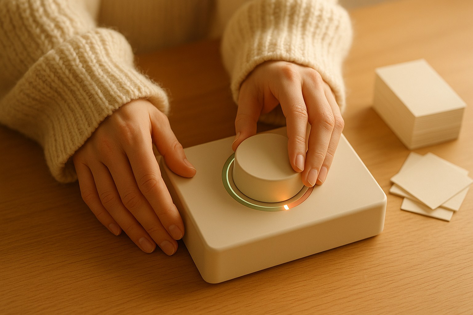 Deux mains règlent un gros bouton crème dont l'arc lumineux passe du vert au corail, illustrant le seuil de confiance d'un chatbot