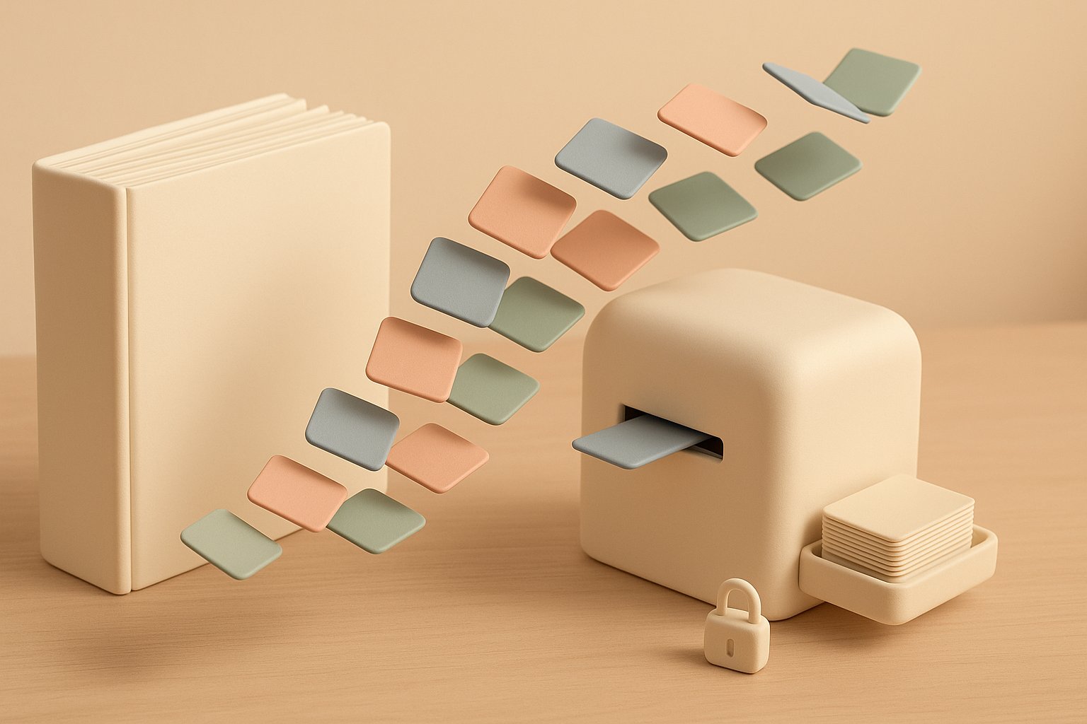 Un classeur crème dont les pages se transforment en fiches colorées qui s'engouffrent dans la fente d'une machine, un cadenas fermé posé à côté