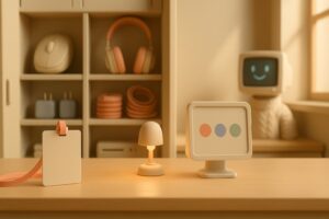 Comptoir de support informatique en bois clair avec un badge vierge sur cordon corail, une petite lampe allumée et un écran, la mascotte Botnation floue en arrière-plan