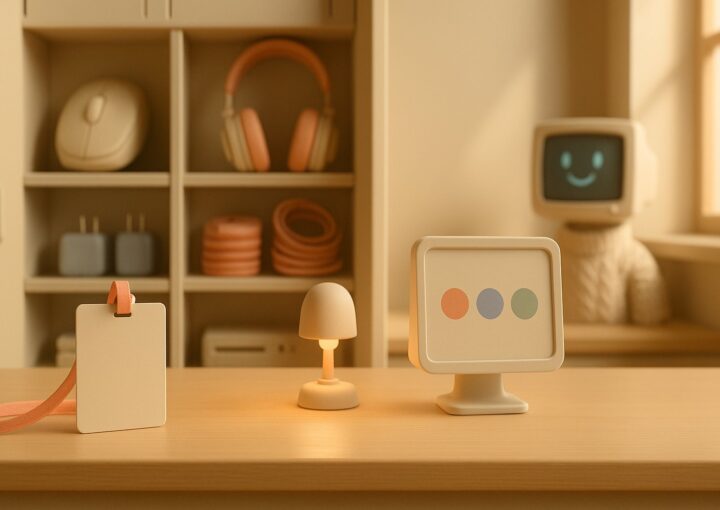 Comptoir de support informatique en bois clair avec un badge vierge sur cordon corail, une petite lampe allumée et un écran, la mascotte Botnation floue en arrière-plan