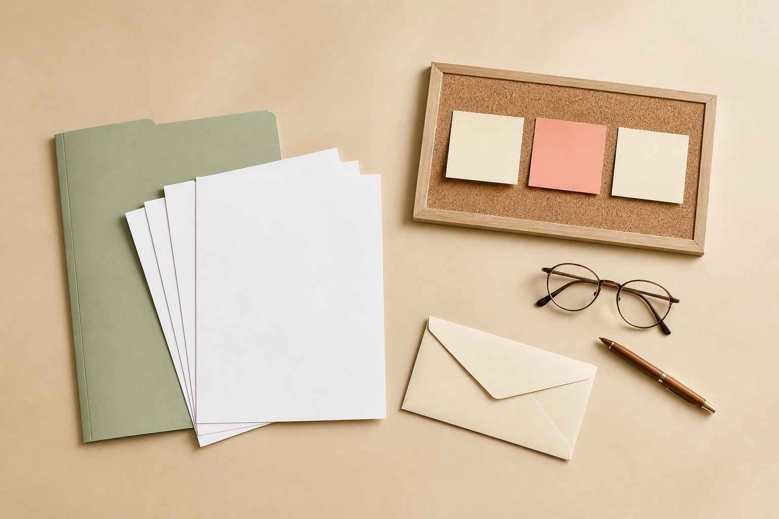 Administrative folder, blank papers, cream envelope and glasses arranged top-down