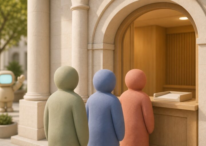 Citoyens en file à un guichet d'accueil de mairie, robot assistant au second plan