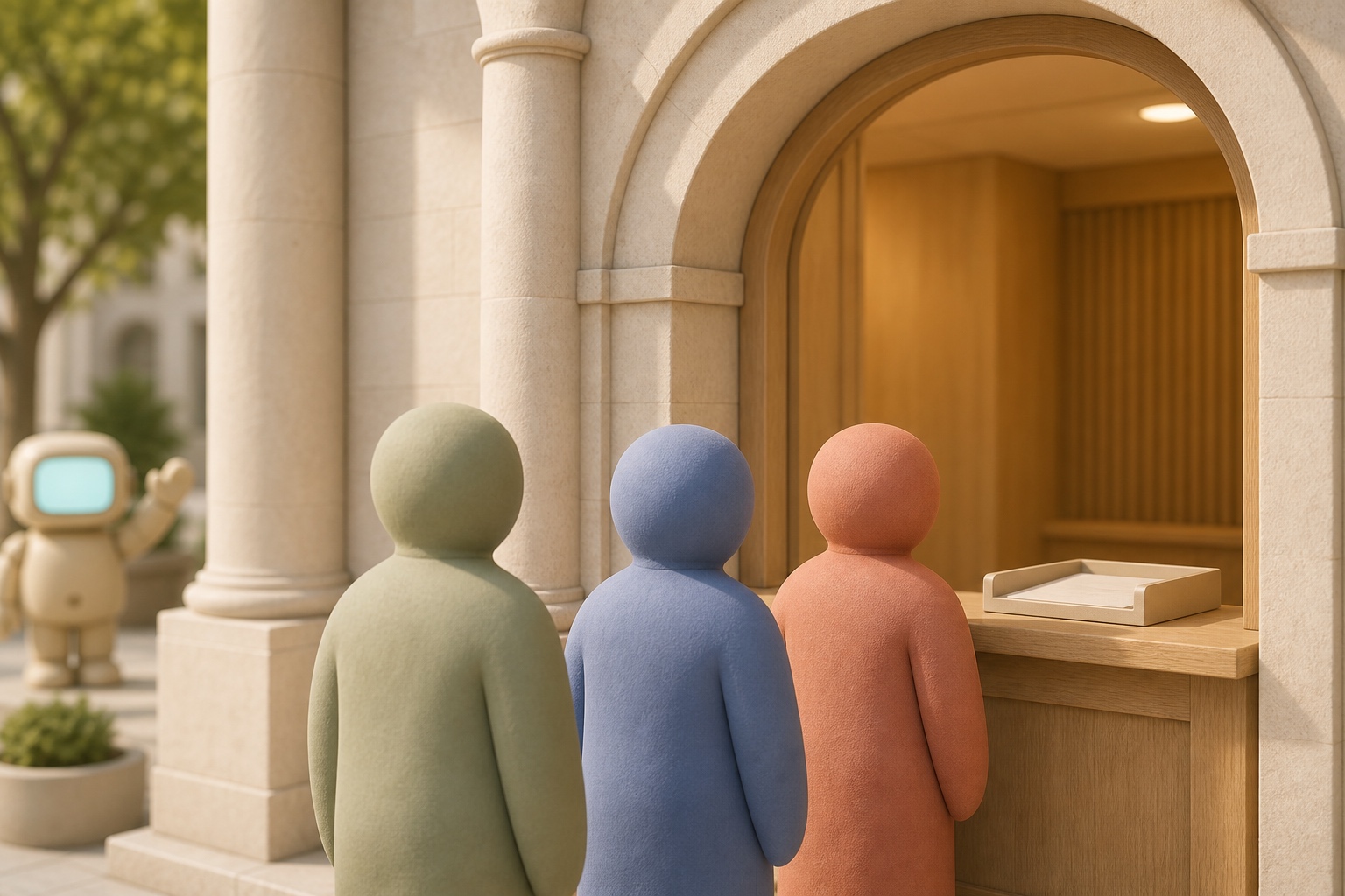 Citoyens en file à un guichet d'accueil de mairie, robot assistant au second plan