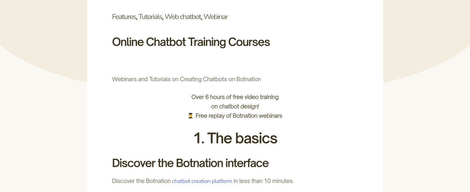 Screenshot of the Botnation Online Chatbot Training Courses page advertising over 6 hours of free video training