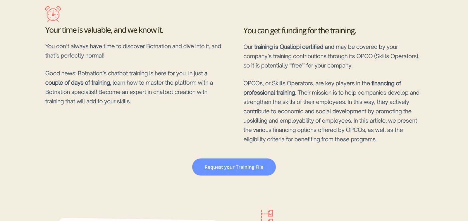 Screenshot of the Botnation training page showing the Qualiopi certification and OPCO funding