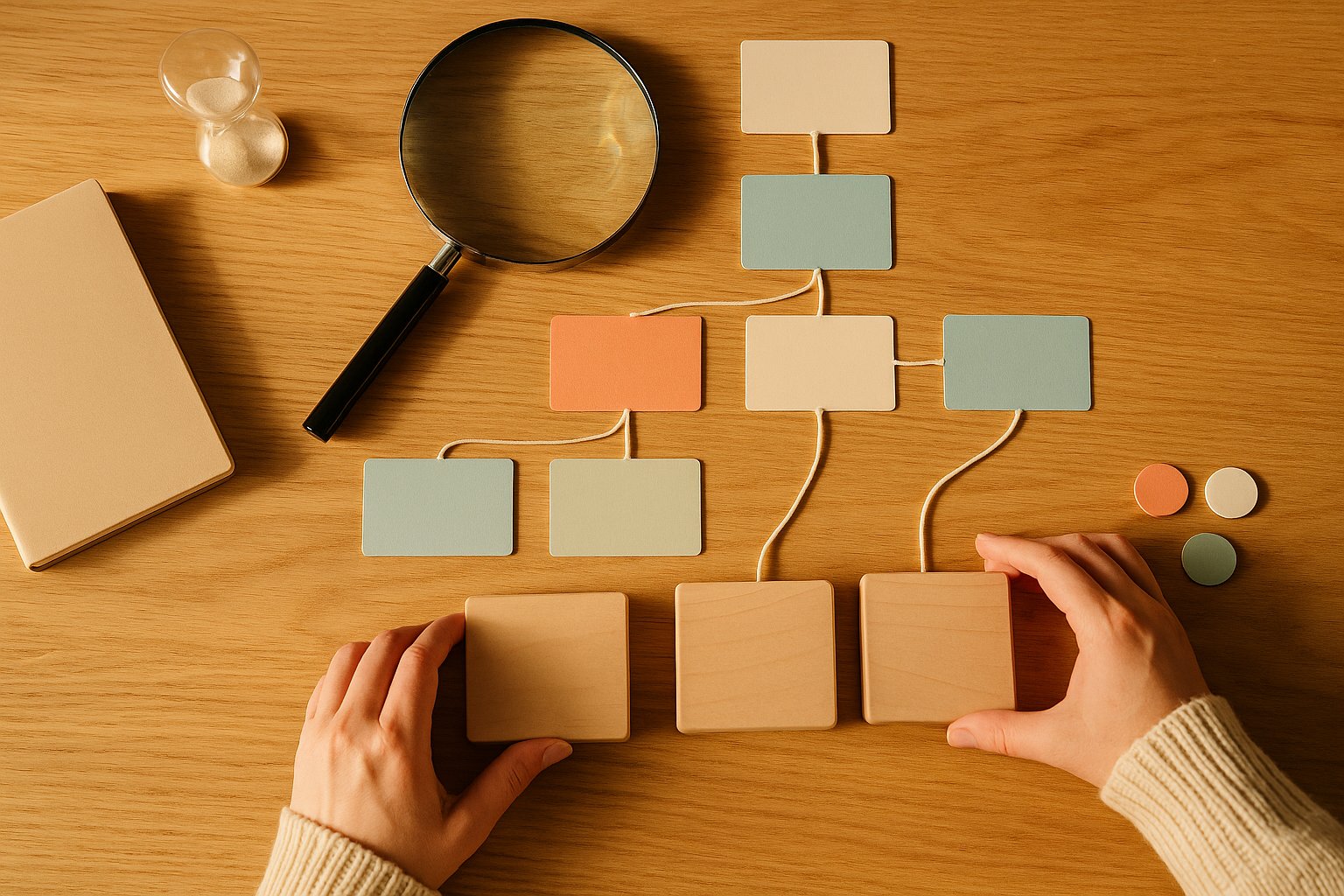 Outils de diagnostic d’un consultant chatbot IA sur une table en bois clair