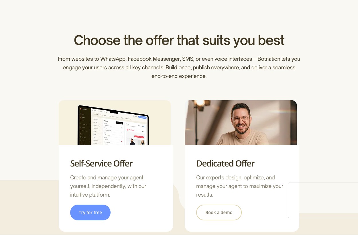 Botnation screenshot showing its Self-Service Offer and Dedicated Offer