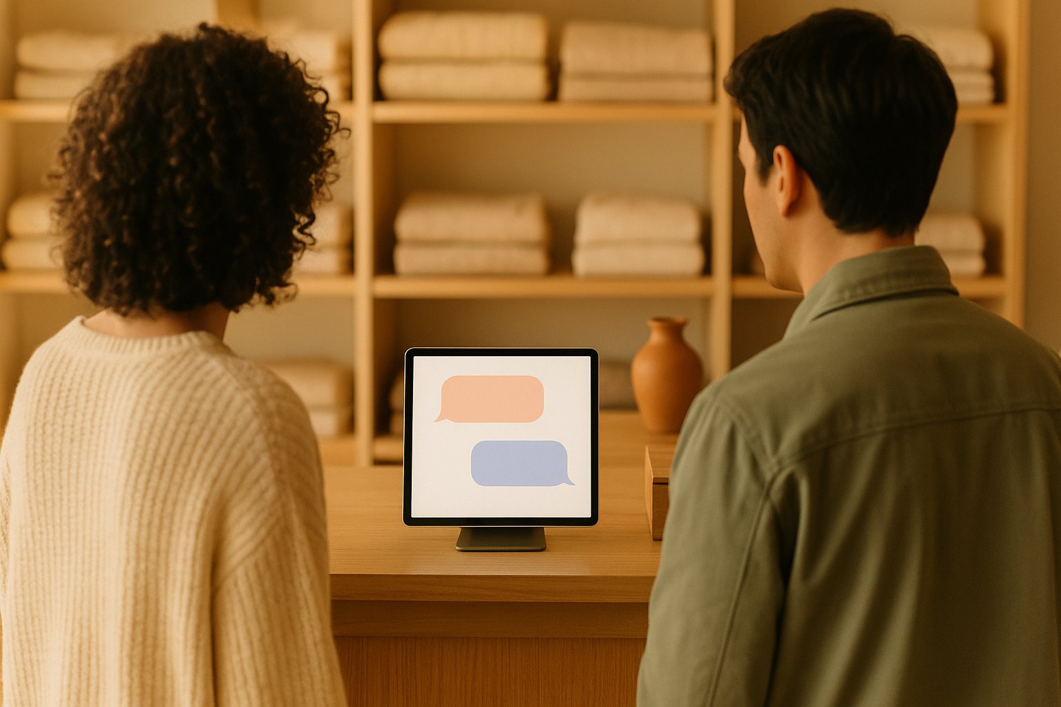 Deux clients de dos consultant un chatbot sur une tablette au comptoir d'une boutique