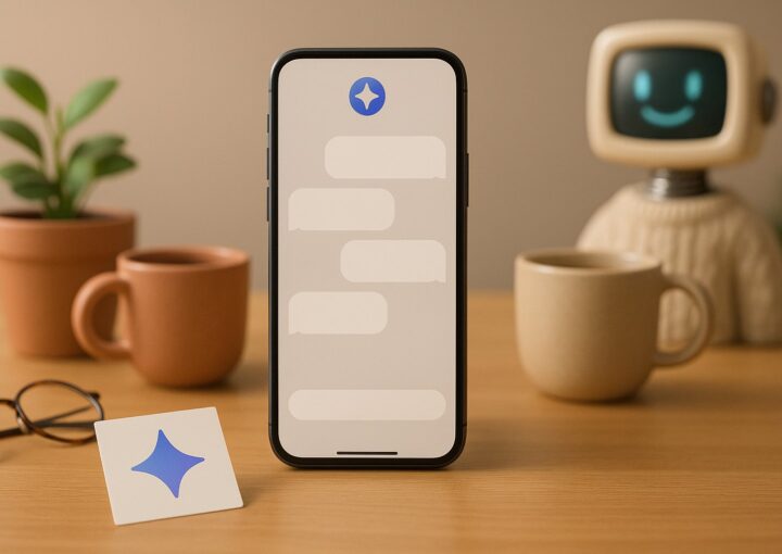 Gemini AI chatbot, bureau en bois avec smartphone et carte portant le spark Gemini