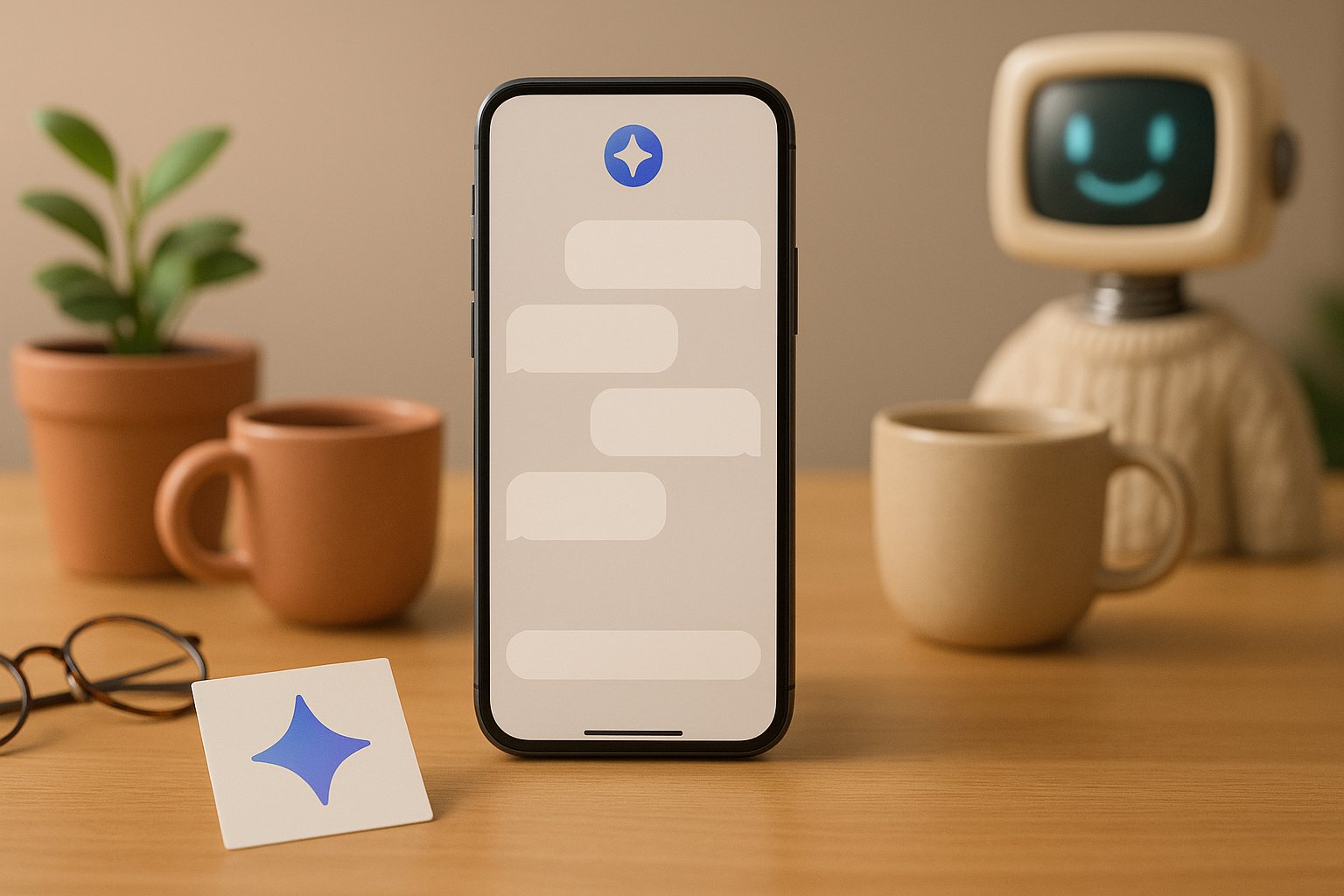 Gemini AI chatbot, bureau en bois avec smartphone et carte portant le spark Gemini