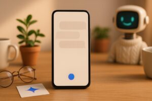 Gemini AI chatbot, wooden desk with smartphone and card showing the Gemini spark