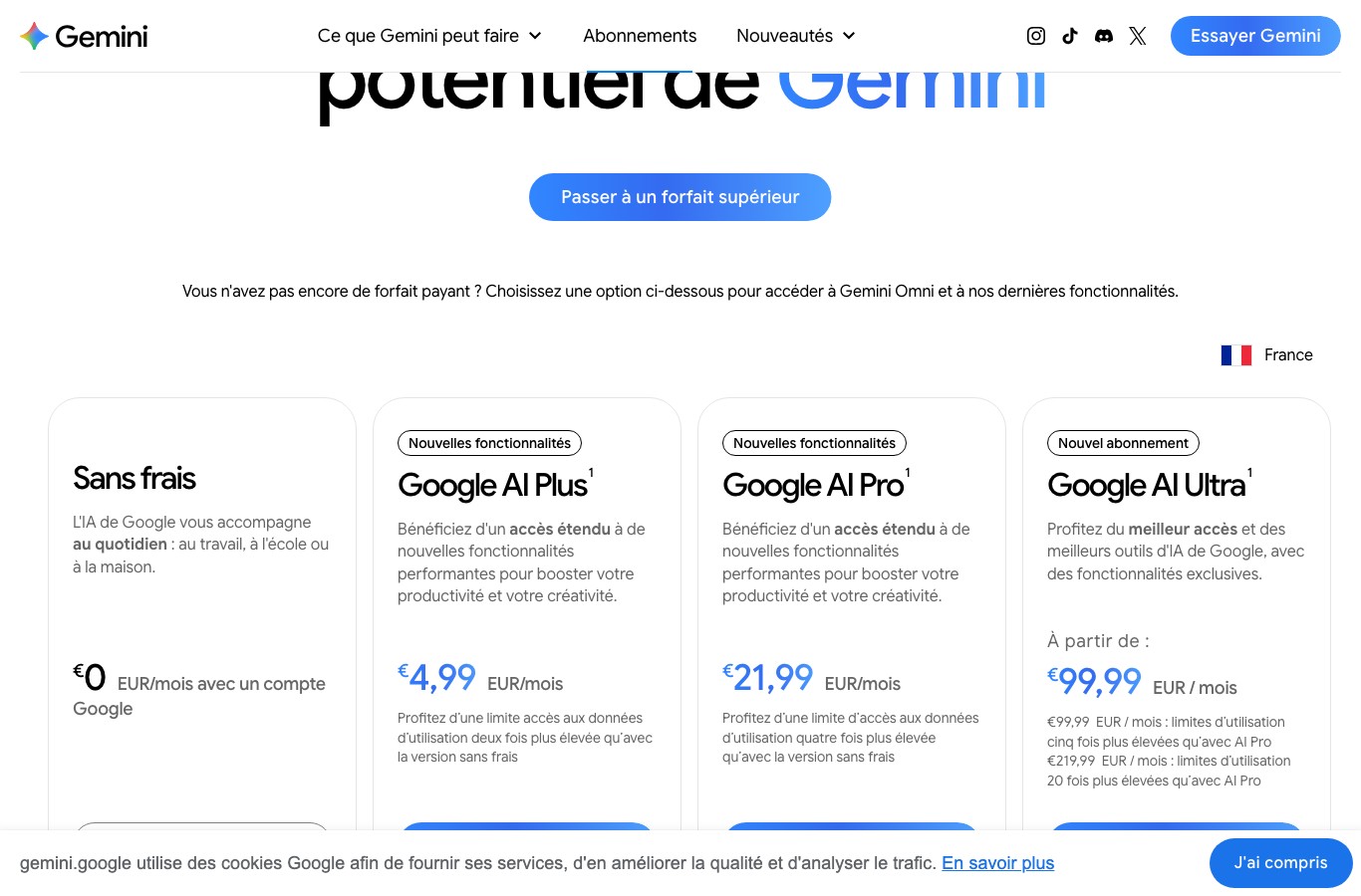 Page officielle des abonnements Gemini en France avec les quatre offres et leurs prix