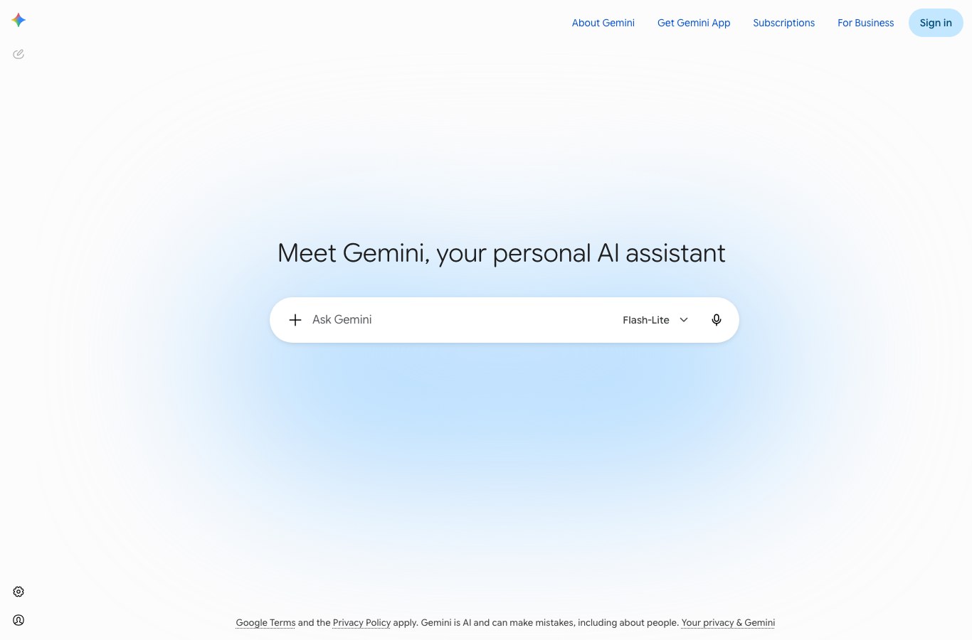 Home page of the Gemini app in English